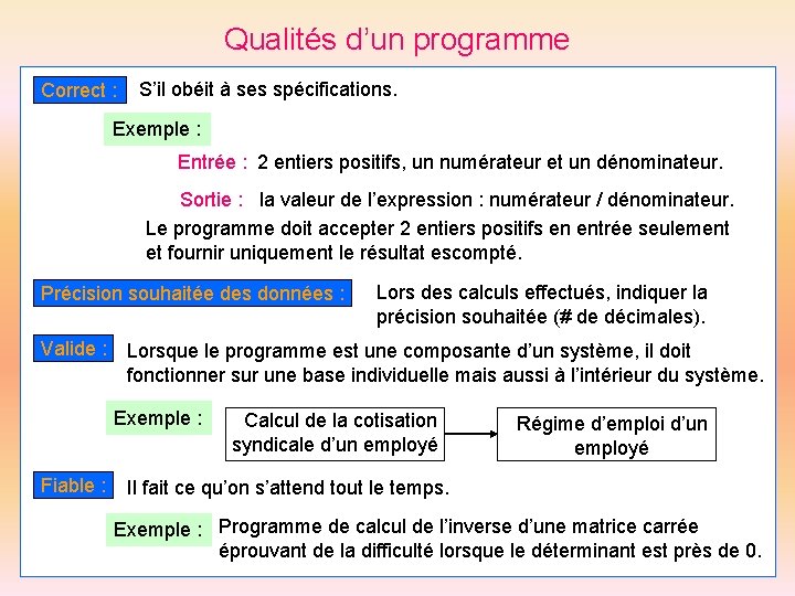 Qualités d’un programme Correct : S’il obéit à ses spécifications. Exemple : Entrée :