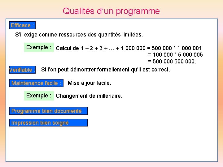 Qualités d’un programme Efficace : S’il exige comme ressources des quantités limitées. Exemple :