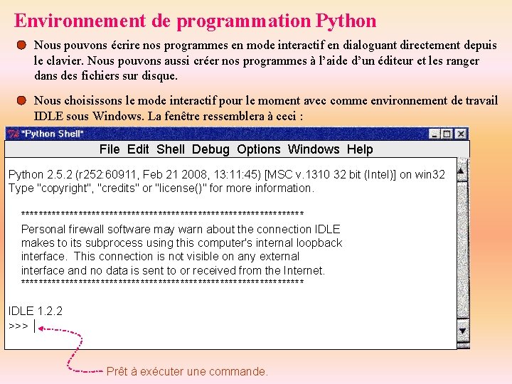 Environnement de programmation Python Nous pouvons écrire nos programmes en mode interactif en dialoguant