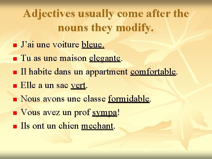 Adjectives usually come after the nouns they modify. n n n n J’ai une