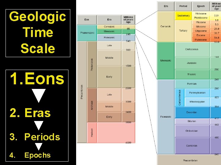 Geologic Time Scale 1. Eons 2. Eras 3. Periods 4. Epochs 