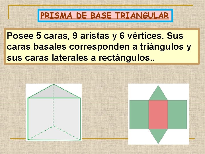 PRISMA DE BASE TRIANGULAR Posee 5 caras, 9 aristas y 6 vértices. Sus caras