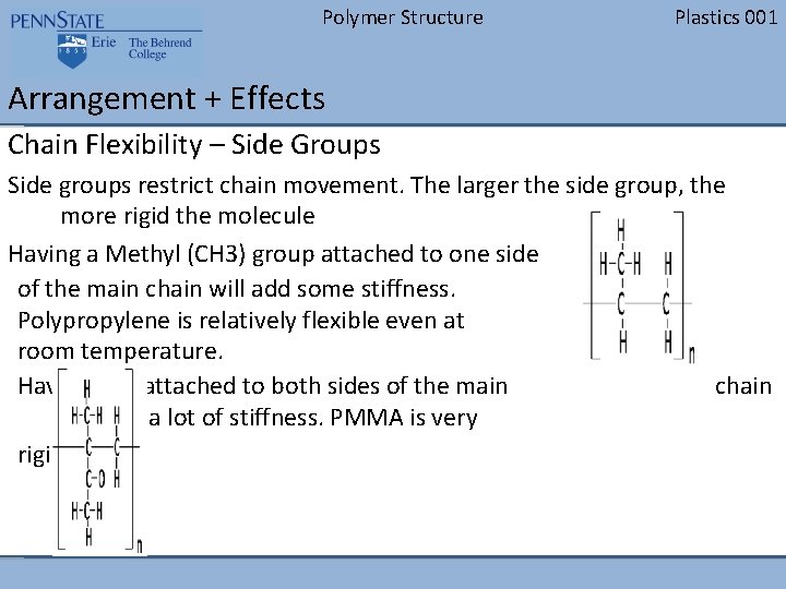 Polymer Structure Plastics 001 Arrangement + Effects Chain Flexibility – Side Groups Side groups