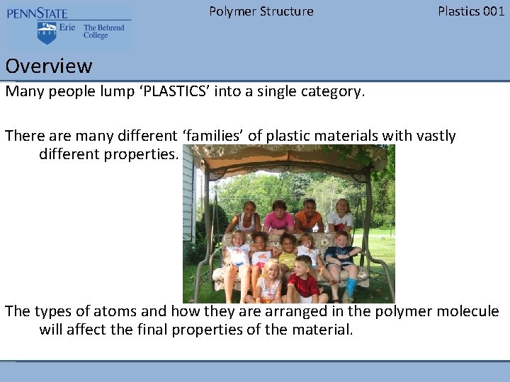 Polymer Structure Plastics 001 Overview Many people lump ‘PLASTICS’ into a single category. There