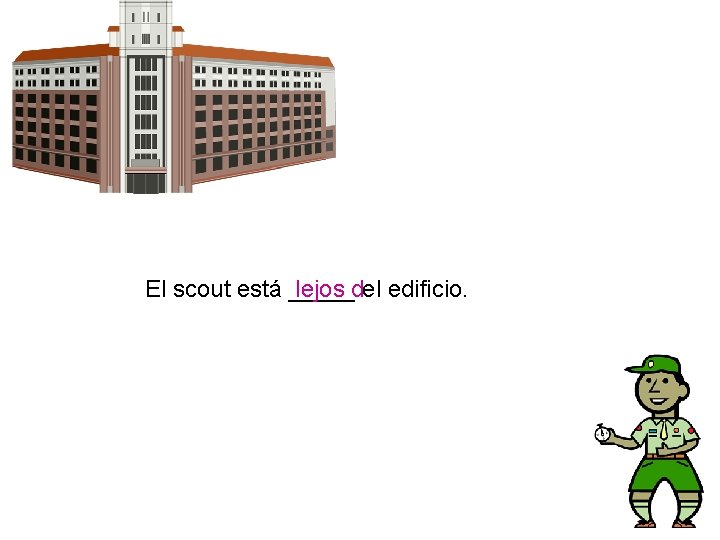 El scout está _____ lejos del edificio. 