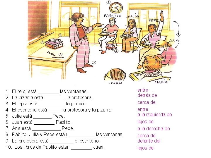 1. El reloj está ____ las ventanas. 2. La pizarra está ____ la profesora.