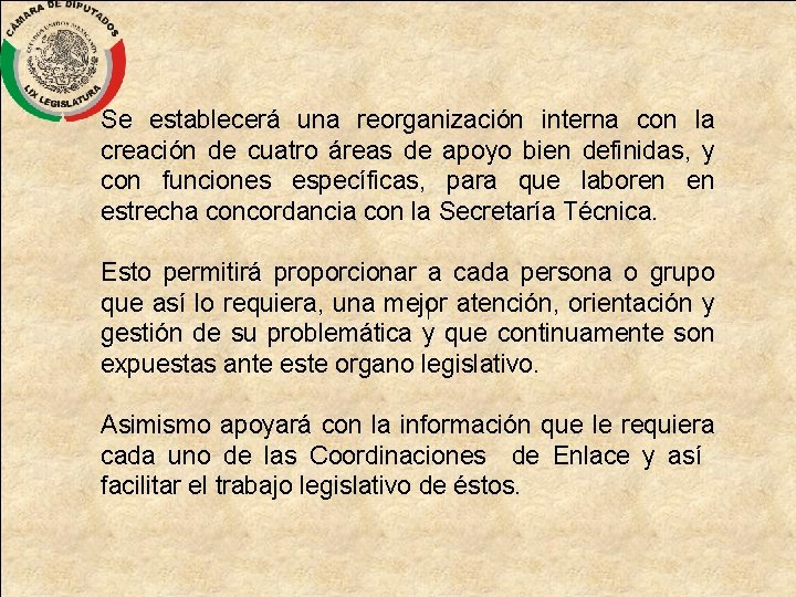 Se establecerá una reorganización interna con la creación de cuatro áreas de apoyo bien