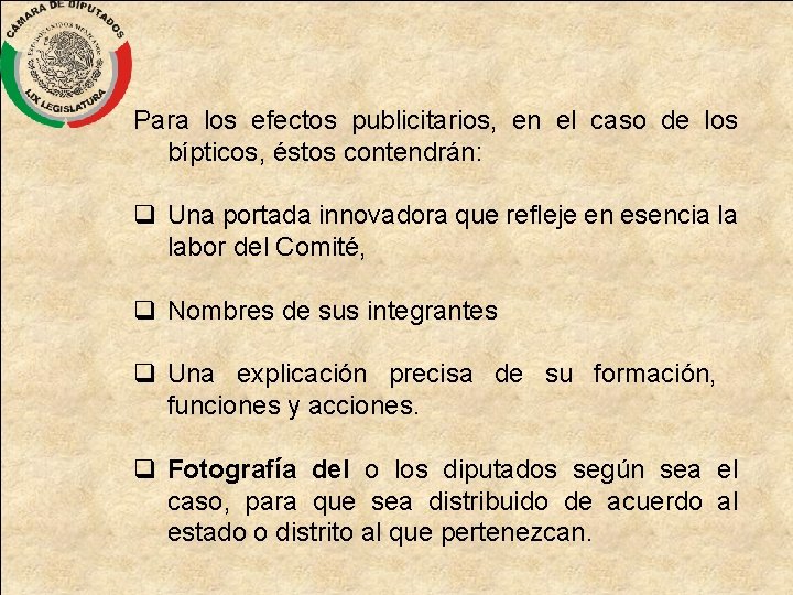 Para los efectos publicitarios, en el caso de los bípticos, éstos contendrán: q Una