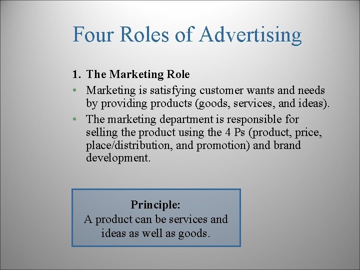 Four Roles of Advertising 1. The Marketing Role • Marketing is satisfying customer wants