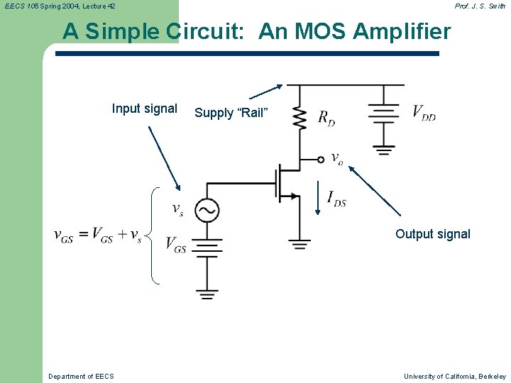 EECS 105 Spring 2004, Lecture 42 Prof. J. S. Smith A Simple Circuit: An