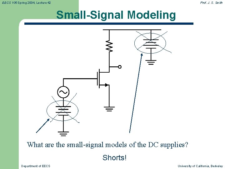 EECS 105 Spring 2004, Lecture 42 Prof. J. S. Smith Small-Signal Modeling What are