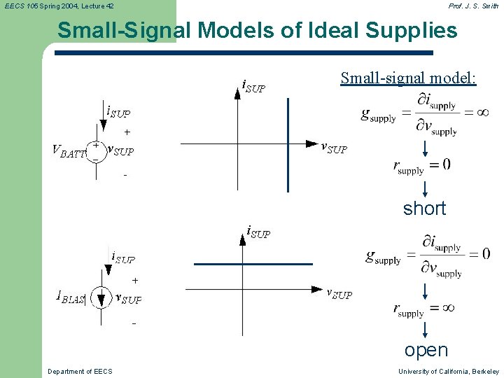 EECS 105 Spring 2004, Lecture 42 Prof. J. S. Smith Small-Signal Models of Ideal