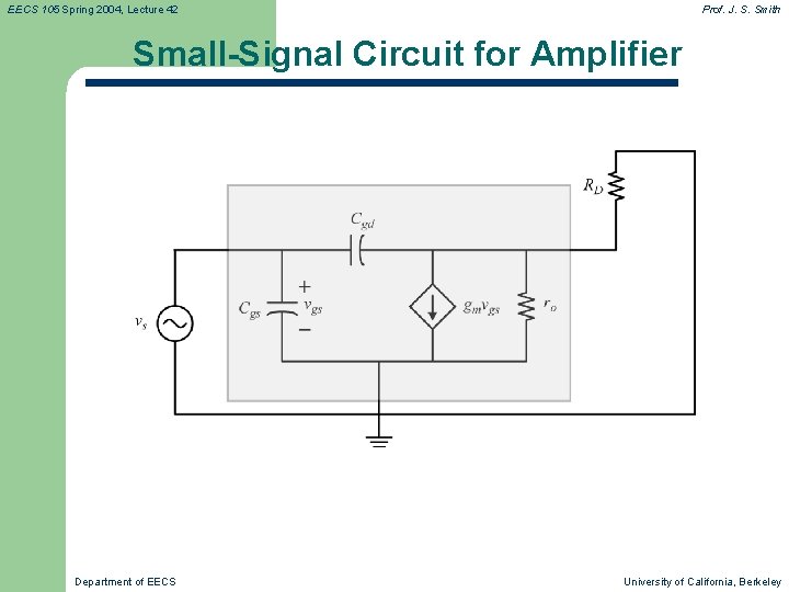 EECS 105 Spring 2004, Lecture 42 Prof. J. S. Smith Small-Signal Circuit for Amplifier