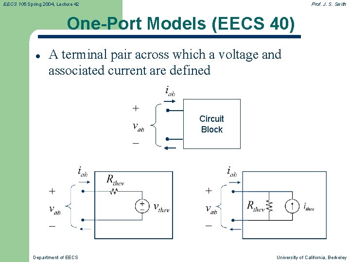 EECS 105 Spring 2004, Lecture 42 Prof. J. S. Smith One-Port Models (EECS 40)