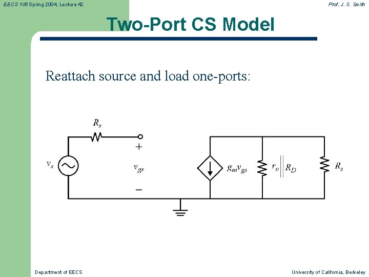 EECS 105 Spring 2004, Lecture 42 Prof. J. S. Smith Two-Port CS Model Reattach