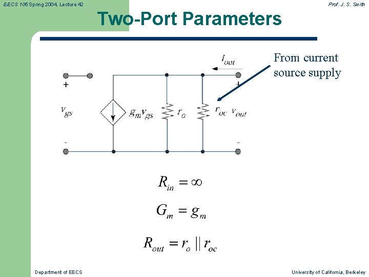 EECS 105 Spring 2004, Lecture 42 Prof. J. S. Smith Two-Port Parameters From current