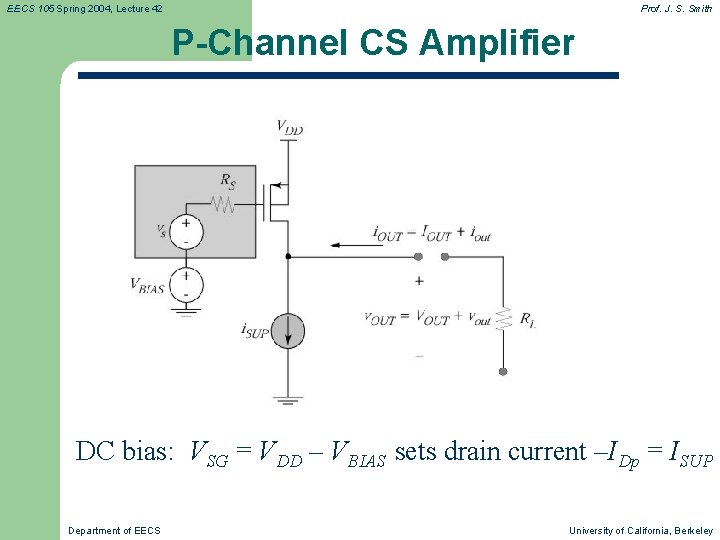 EECS 105 Spring 2004, Lecture 42 Prof. J. S. Smith P-Channel CS Amplifier DC