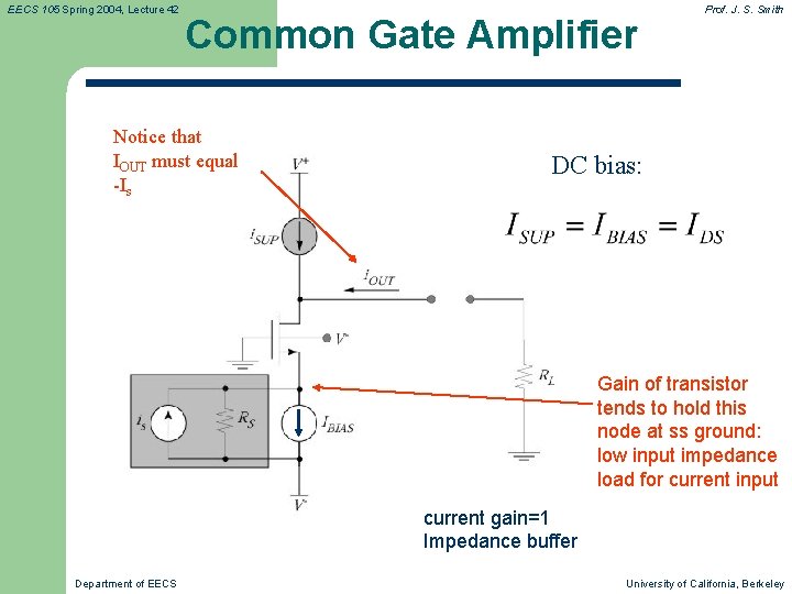 EECS 105 Spring 2004, Lecture 42 Common Gate Amplifier Notice that IOUT must equal