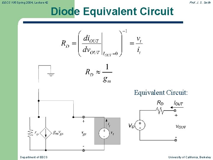EECS 105 Spring 2004, Lecture 42 Prof. J. S. Smith Diode Equivalent Circuit: Department