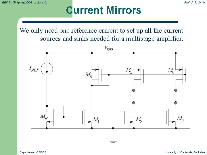 EECS 105 Spring 2004, Lecture 42 Prof. J. S. Smith Current Mirrors We only