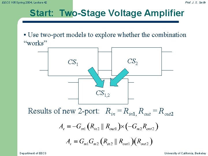 EECS 105 Spring 2004, Lecture 42 Prof. J. S. Smith Start: Two-Stage Voltage Amplifier