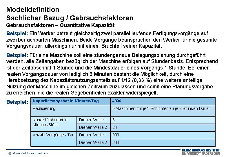 Modelldefinition Sachlicher Bezug / Gebrauchsfaktoren – Quantitative Kapazität Beispiel: Ein Werker betreut gleichzeitig zwei