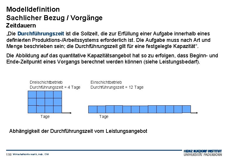 Modelldefinition Sachlicher Bezug / Vorgänge Zeitdauern „Die Durchführungszeit ist die Sollzeit, die zur Erfüllung