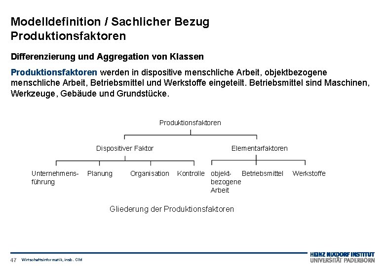 Modelldefinition / Sachlicher Bezug Produktionsfaktoren Differenzierung und Aggregation von Klassen Produktionsfaktoren werden in dispositive