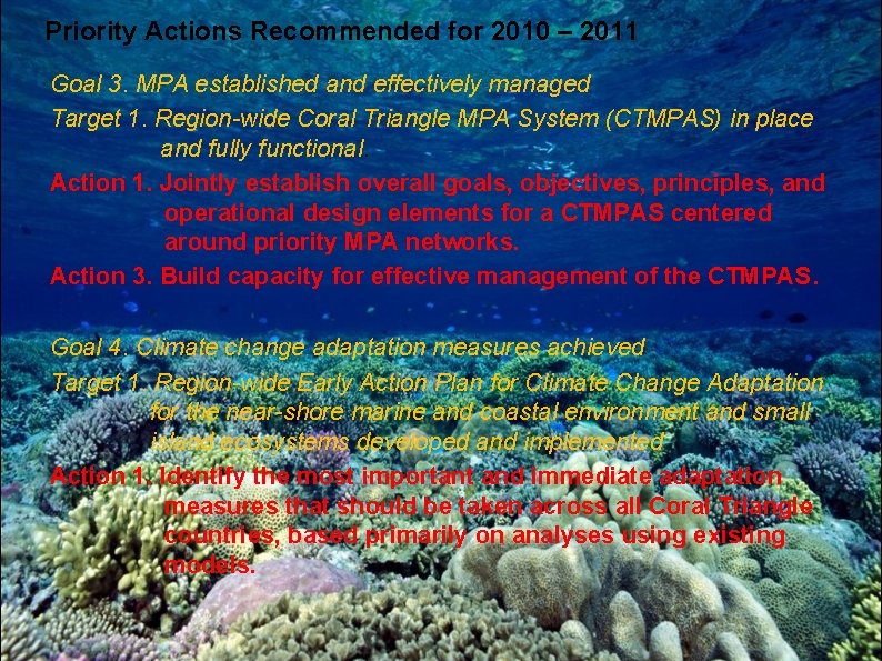 Priority Actions Recommended for 2010 – 2011 Goal 3. MPA established and effectively managed