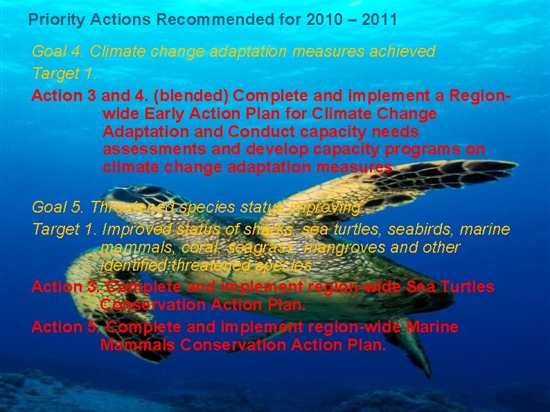 Priority Actions Recommended for 2010 – 2011 Goal 4. Climate change adaptation measures achieved