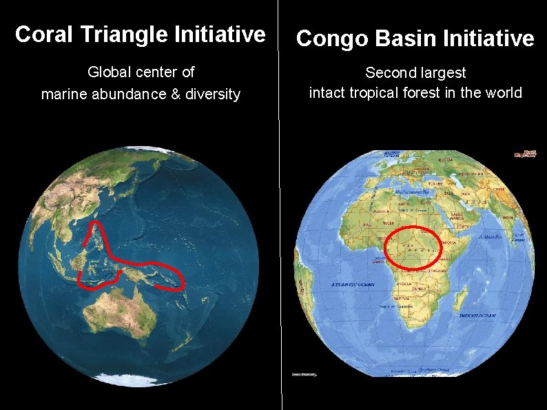 Coral Triangle Initiative Congo Basin Initiative Global center of marine abundance & diversity Second