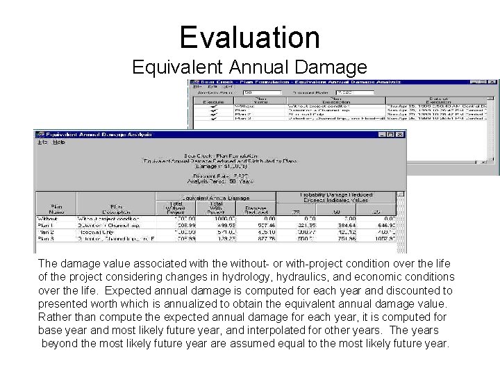 Evaluation Equivalent Annual Damage The damage value associated with the without- or with-project condition