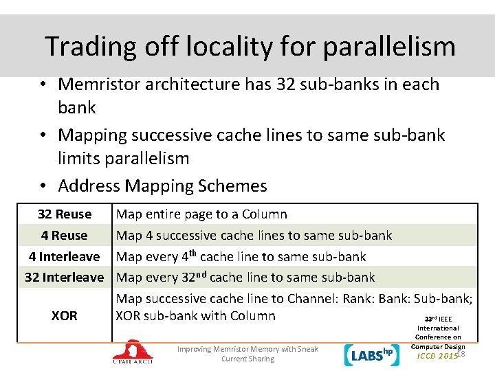 Trading off locality for parallelism • Memristor architecture has 32 sub-banks in each bank