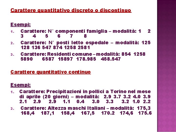 Carattere quantitativo discreto o discontinuo Esempi: 1. Carattere: N° componenti famiglia – modalità: 1