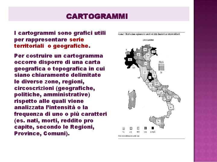 CARTOGRAMMI I cartogrammi sono grafici utili per rappresentare serie territoriali o geografiche. Per costruire