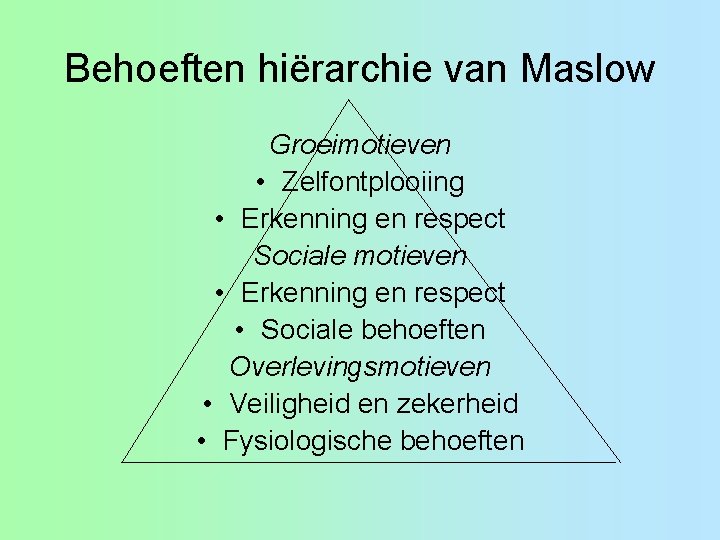 Behoeften hiërarchie van Maslow Groeimotieven • Zelfontplooiing • Erkenning en respect Sociale motieven •