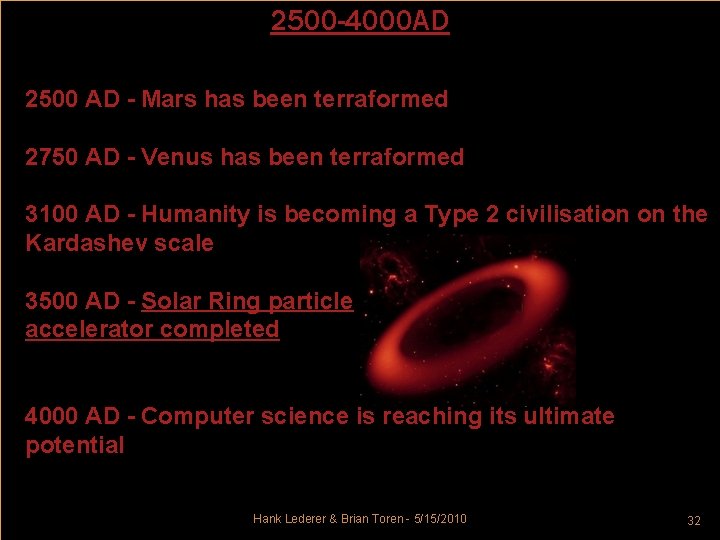 2500 -4000 AD 2500 AD - Mars has been terraformed 2750 AD - Venus