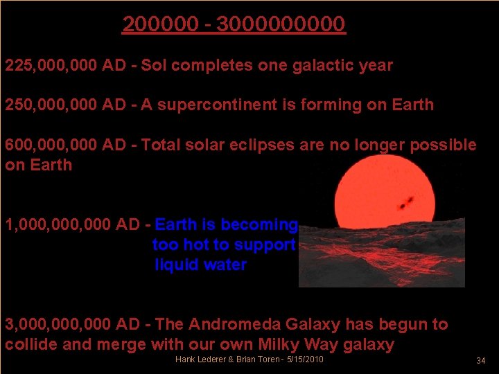 200000 - 300000 225, 000 AD - Sol completes one galactic year 250, 000