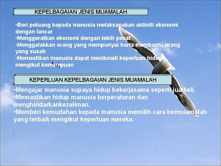 KEPELBAGAIAN JENIS MUAMALAH • Beri peluang kepada manusia melaksanakan aktiniti ekonomi dengan lancar •