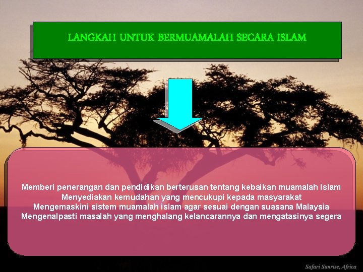 LANGKAH UNTUK BERMUAMALAH SECARA ISLAM Memberi penerangan dan pendidikan berterusan tentang kebaikan muamalah Islam