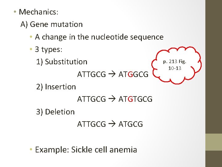  • Mechanics: A) Gene mutation • A change in the nucleotide sequence •