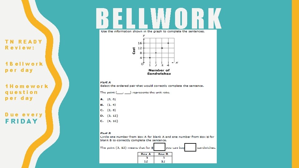 BELLWORK TN READY Review: 1 Bellwork per day 1 Homework question per day Due