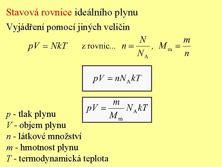 Stavová rovnice ideálního plynu Vyjádření pomocí jiných veličin p - tlak plynu V -