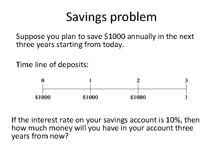 Savings problem Suppose you plan to save $1000 annually in the next three years