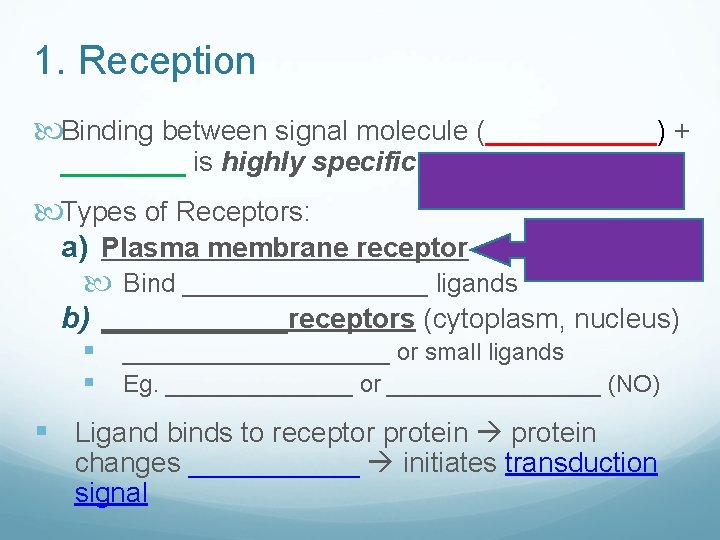1. Reception Binding between signal molecule (______) + ____ is highly specific. Types of