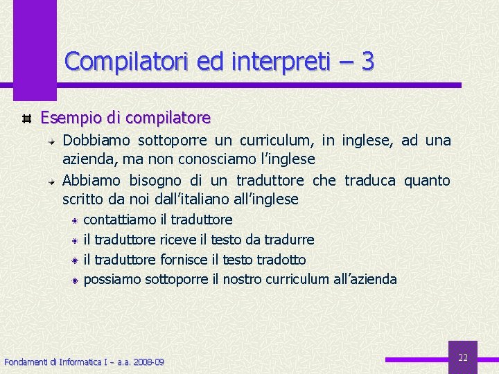 Compilatori ed interpreti – 3 Esempio di compilatore Dobbiamo sottoporre un curriculum, in inglese,