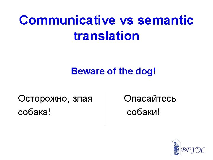 Communicative vs semantic translation Beware of the dog! Осторожно, злая собака! Опасайтесь собаки! 