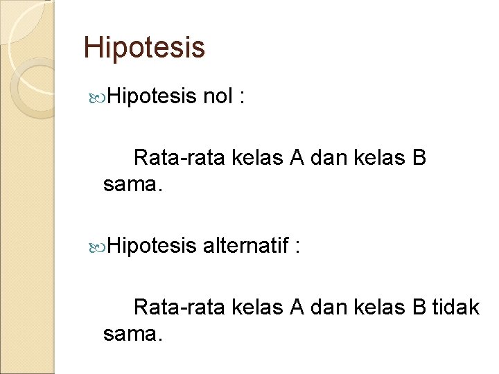 Hipotesis nol : Rata-rata kelas A dan kelas B sama. Hipotesis alternatif : Rata-rata