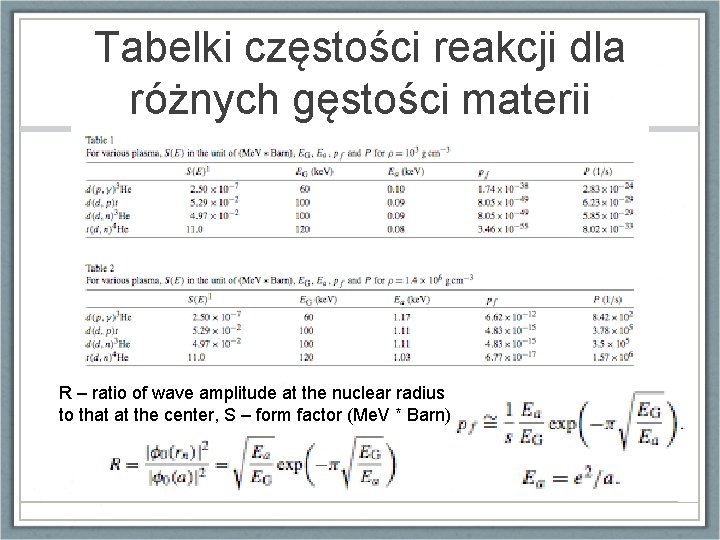 Tabelki częstości reakcji dla różnych gęstości materii R – ratio of wave amplitude at