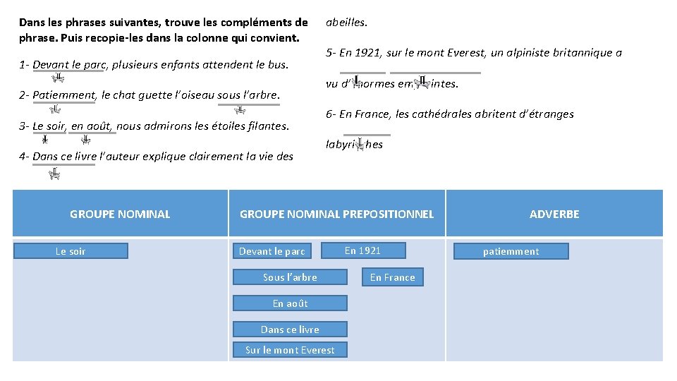 Dans les phrases suivantes, trouve les compléments de phrase. Puis recopie-les dans la colonne